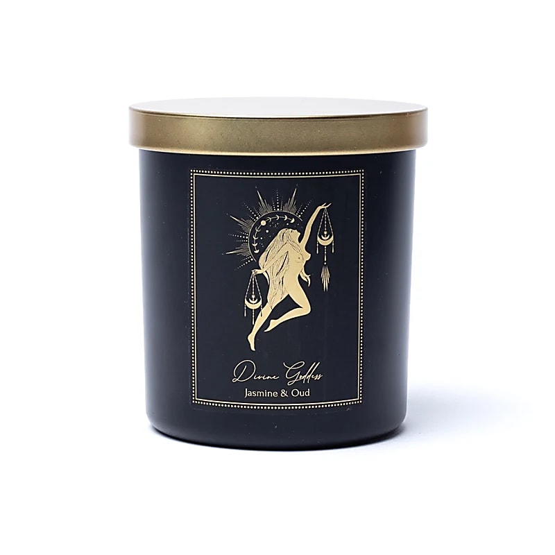 Luxuskerze im schwarzen Glas mit goldfarbenem Symbol, Duft Jasmin & Oudh, Edelstein Xinji Jade – Cosmic Child Manifestationskerze für Intuition und Stärke
