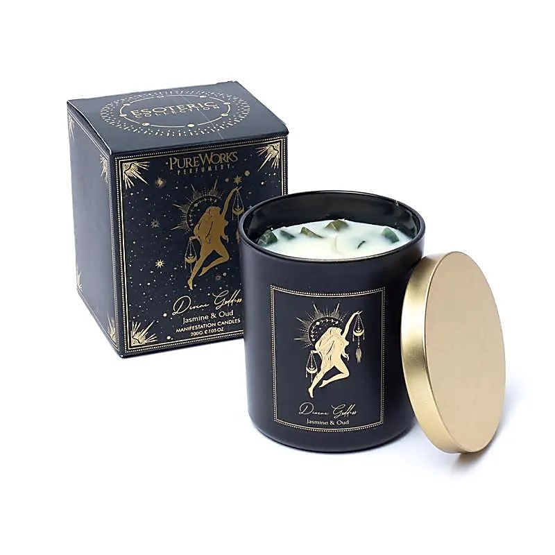 Luxuskerze im schwarzen Glas mit goldfarbenem Symbol, Duft Jasmin & Oudh, Edelstein Xinji Jade – Cosmic Child Manifestationskerze für Intuition und Stärke