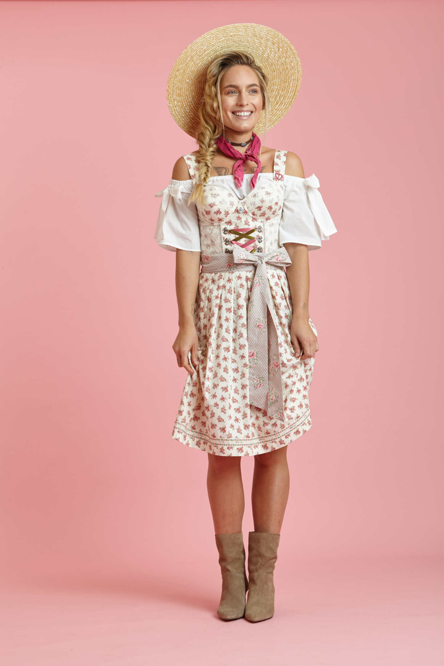 ENA Trachten Gürtelband in Rosa und Creme