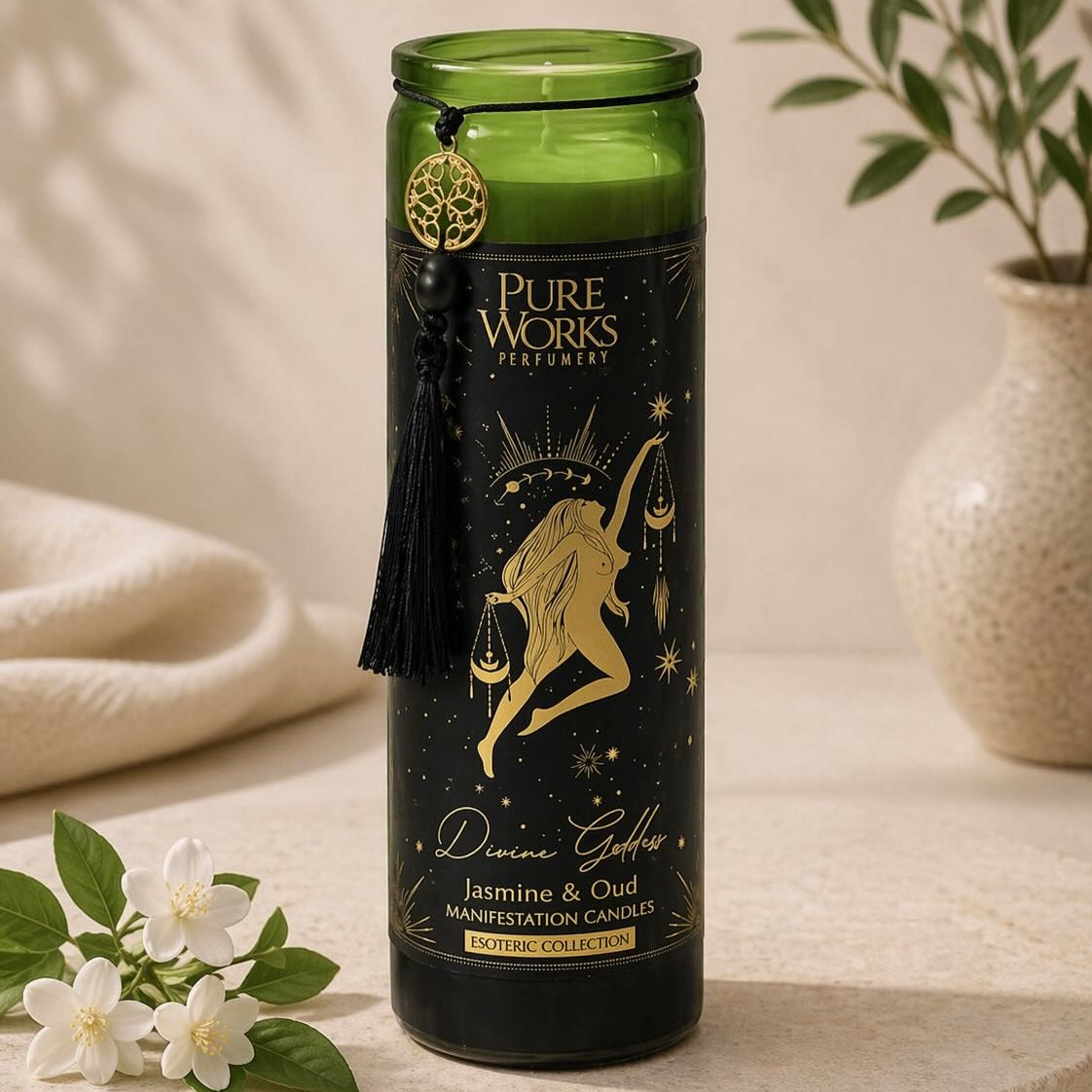 Manifestationskerze Goddess im Glas mit Quaste– mit ätherischen Ölen a