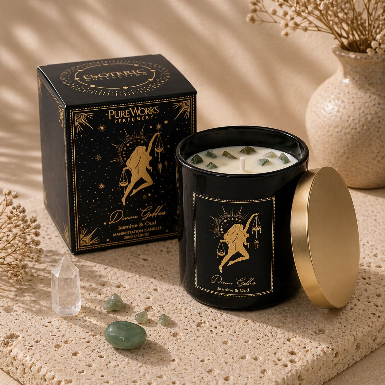 Manifestationskerzen im schwarzen Glas mit Edelsteinen & Duft | Cosmic Child