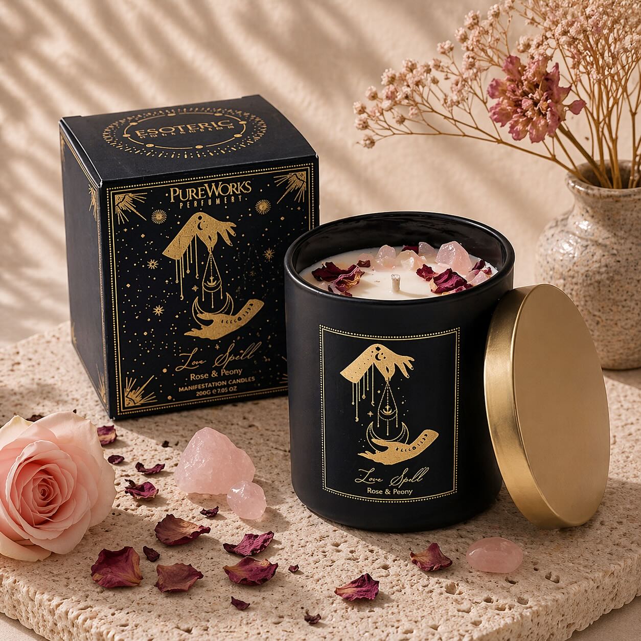 Manifestationskerzen im schwarzen Glas mit Edelsteinen & Duft | Cosmic Child